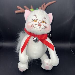 Annalee 2008 A Deer Kitty White Christmas Cat w Reindeer Antlers 10" Red Bow